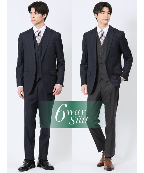 光沢ウール混 スリムフィット 2ボタン4ピース6WAYスーツ 組織紺