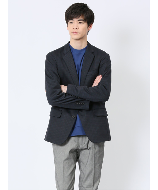 ストレッチポンチ スリムフィット 2ボタンジャケット 千鳥紺