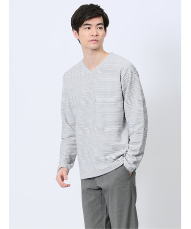 タックジャガード Vネック長袖Tシャツ