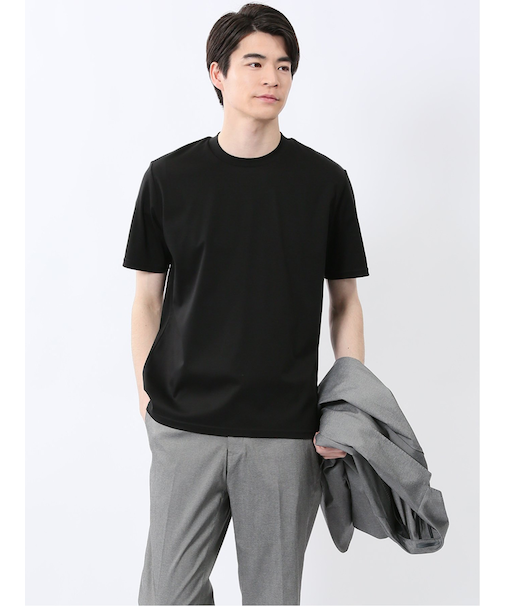 【DRESS T-SHIRT】綿ストレッチ スロープネック半袖Tシャツ