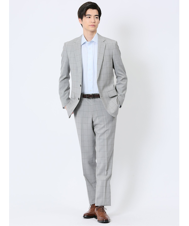 ストレッチウォッシャブル スリムフィット 2ボタン2ピーススーツ チェックライトグレー