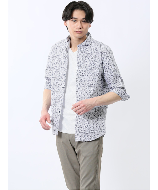 ストレッチ プリント カッタウェイ 7分袖シャツ