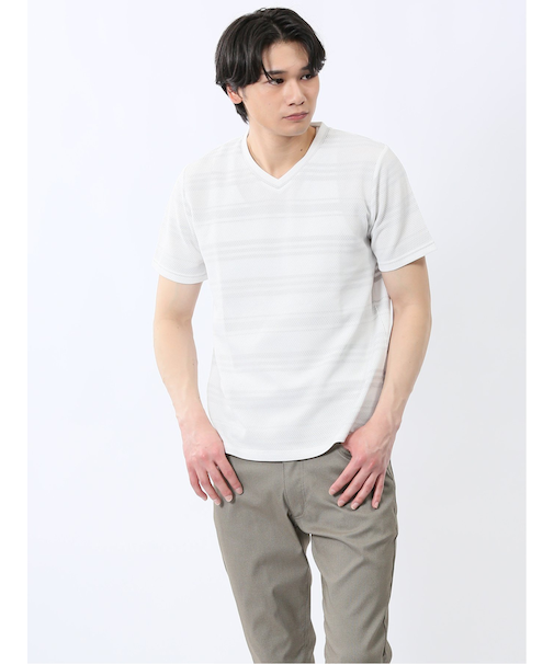メッシュボーダー Vネック半袖Tシャツ