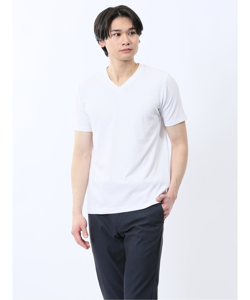 ふくれ千鳥ジャガード Vネック半袖Tシャツ
