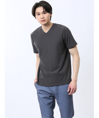 リンクスダイヤ柄ジャガード Vネック半袖Tシャツ