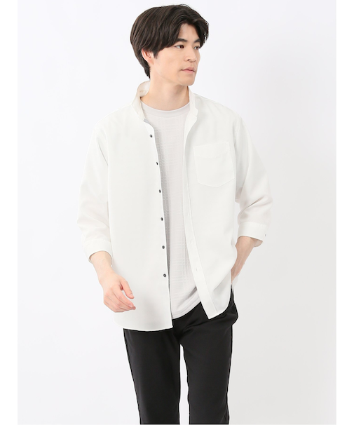 TechLinen スタンドカラー 7分袖シャツ