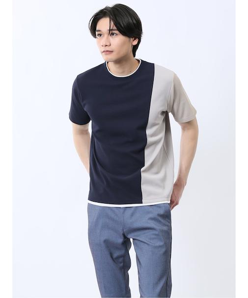 ポンチ配色 クルーネック半袖Tシャツ
