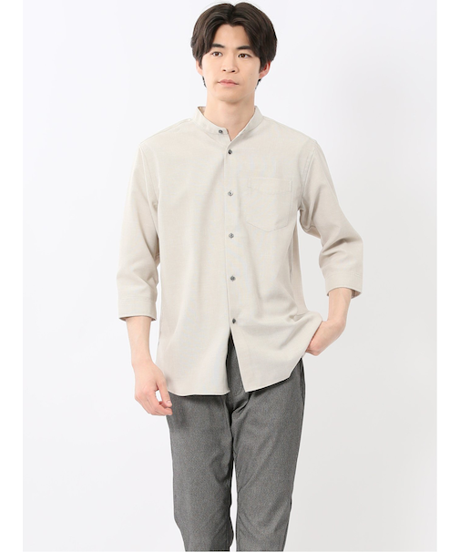 TechLinen バンドカラー 7分袖シャツ