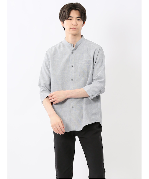 TechLinen バンドカラー 7分袖シャツ