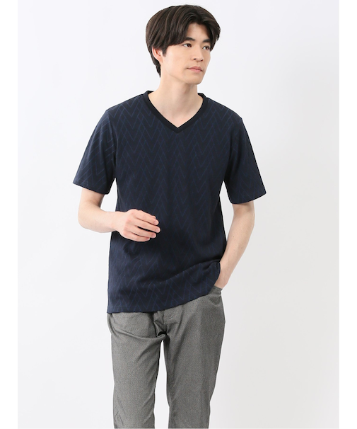 プレーティングジャガード Vネック半袖Tシャツ
