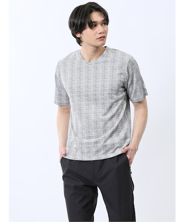 千鳥ジャガード Vネック半袖Tシャツ