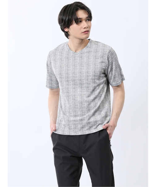 千鳥ジャガード Vネック半袖Tシャツ