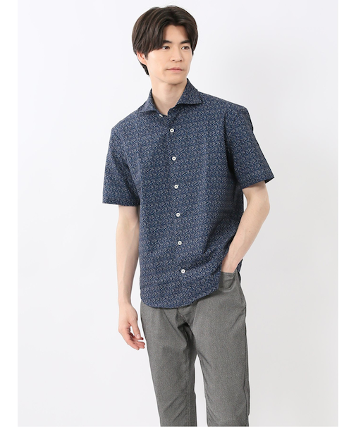 メッシュ 小花プリント カッタウェイ半袖シャツ