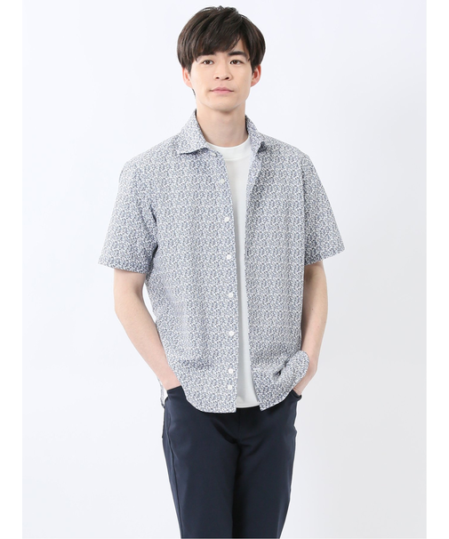 メッシュ 小花プリント カッタウェイ半袖シャツ