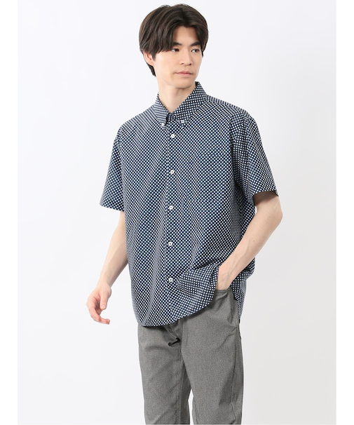 小紋プリント ボタンダウン半袖シャツ