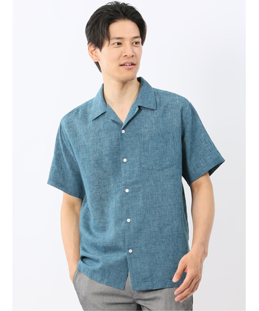 リネン混シャンブレー オープンカラー半袖シャツ