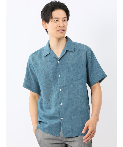 リネン混シャンブレー オープンカラー半袖シャツ