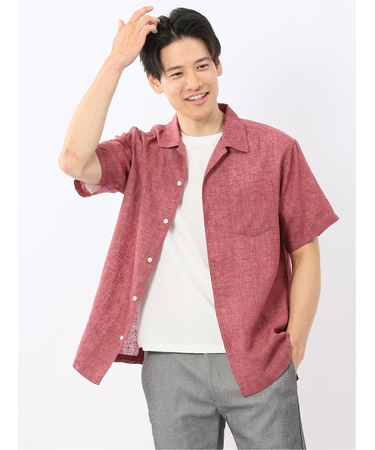 リネン混シャンブレー オープンカラー半袖シャツ