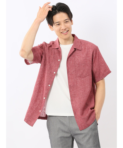 リネン混シャンブレー オープンカラー半袖シャツ