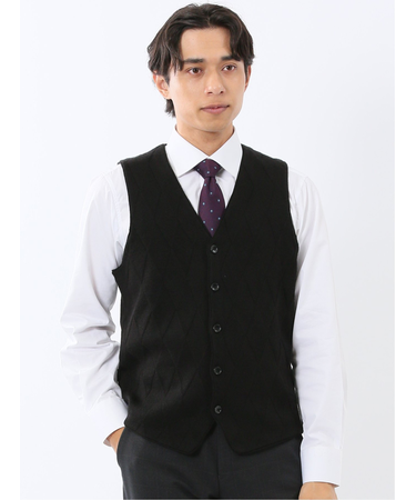 ウォッシャブル ウール混 ダイヤ柄 前開きベスト