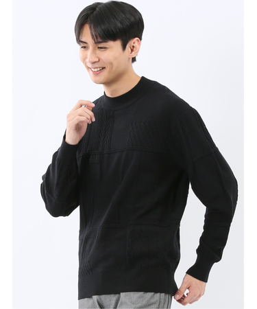 ウォッシャブル ストレッチ パッチワーク柄 モックネックニット