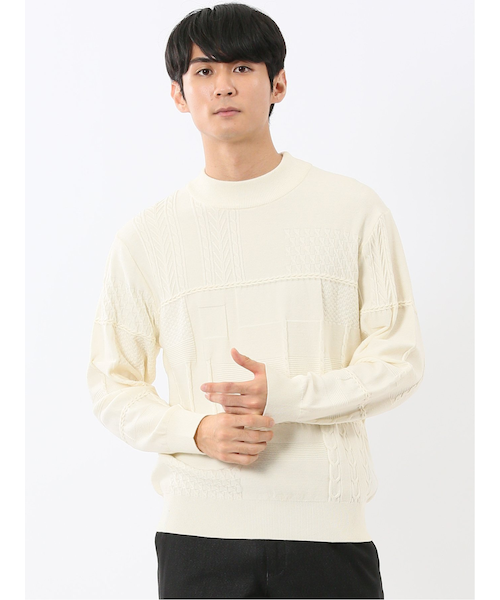 ウォッシャブル ストレッチ パッチワーク柄 モックネックニット