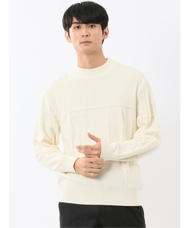 ウォッシャブル ストレッチ パッチワーク柄 モックネックニット