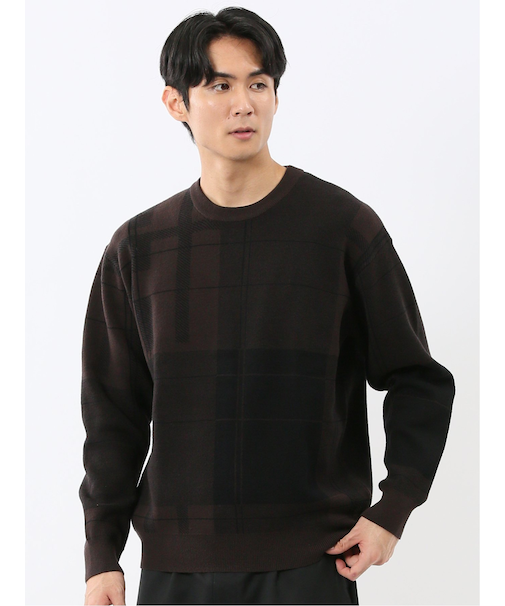 ウォッシャブル ストレッチ チェック柄 クルーニット