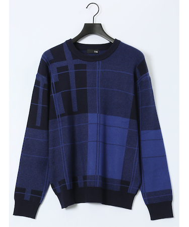 ウォッシャブル ストレッチ チェック柄 クルーニット