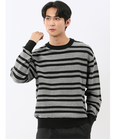 ウォッシャブル ストレッチ 配色ボーダー クルーニット