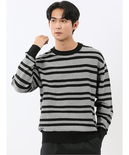 ウォッシャブル ストレッチ 配色ボーダー クルーニット