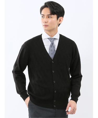 ウォッシャブル ウール混ダイヤ柄 ニットカーディガン