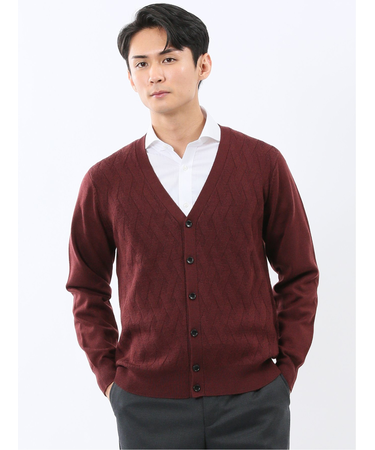 ウォッシャブル ウール混ダイヤ柄 ニットカーディガン