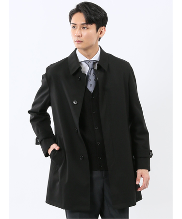 撥水 ステンカラーコート ヘリンボン黒