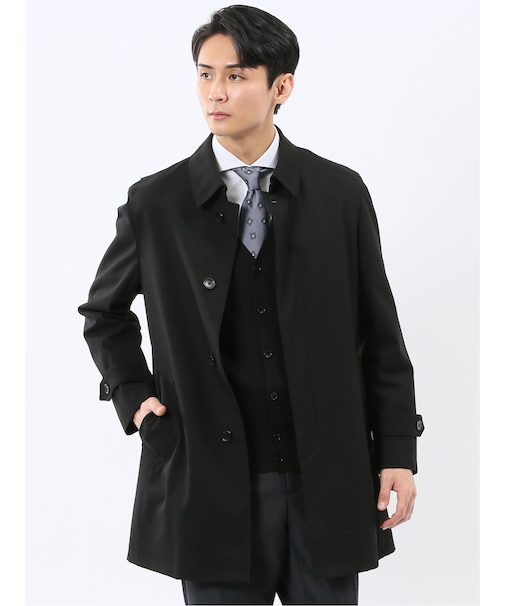 撥水 ステンカラーコート ヘリンボン黒