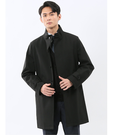 撥水 スタンドカラーコート ヘリンボン黒