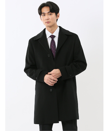 ウール100% ステンカラーコート 無地黒