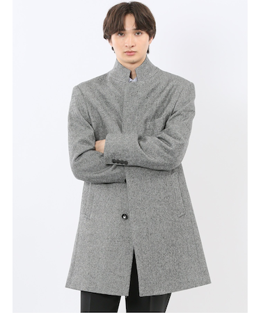 アンゴラ混ウール スタンドコート カルゼ杢グレー
