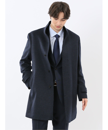 ウール100% スタンドカラーコート 無地青