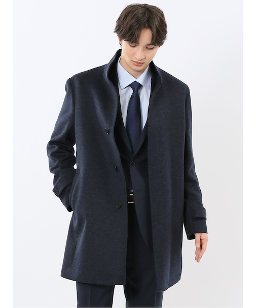 ウール100% スタンドカラーコート 無地青