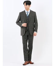 ウール調 ストレッチウォッシャブル レギュラーフィット 2ボタン3ピーススーツ チェックグレー