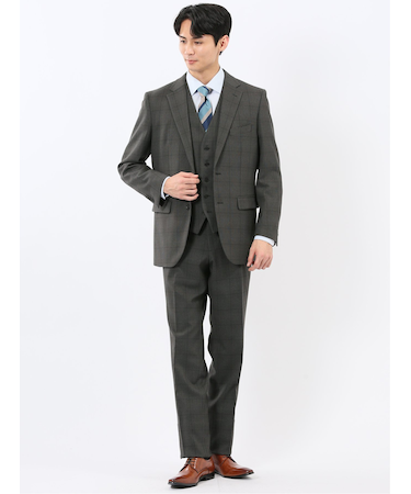 ウール調 ストレッチウォッシャブル レギュラーフィット 2ボタン3ピーススーツ チェックグレー