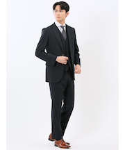 ウール調 ストレッチウォッシャブル スリムフィット 2ボタン3ピーススーツ チェック紺