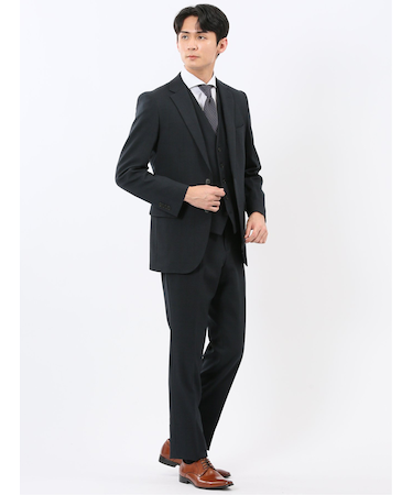 ウール調 ストレッチウォッシャブル スリムフィット 2ボタン3ピーススーツ チェック紺