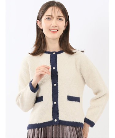 ウォッシャブル ラメ格子フェザー ニットジャケット