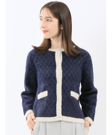 ウォッシャブル ラメ格子フェザー ニットジャケット