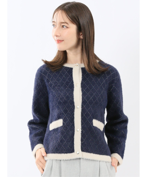 ウォッシャブル ラメ格子フェザー ニットジャケット