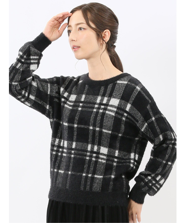 ウォッシャブル フェザーチェック クルーニットプルオーバー