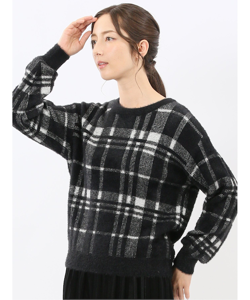 ウォッシャブル フェザーチェック クルーニットプルオーバー