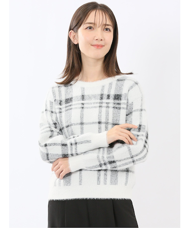 ウォッシャブル フェザーチェック クルーニットプルオーバー